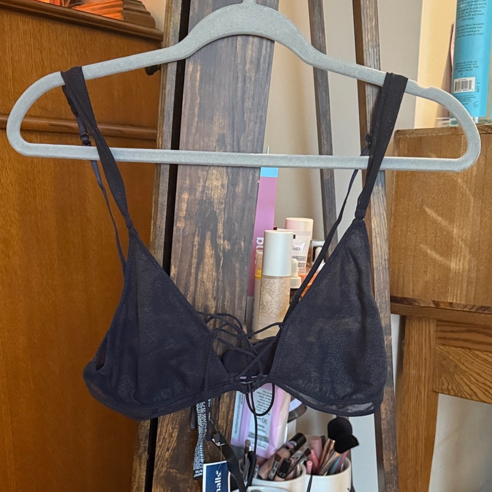 Zara Sheer Lace-Up Triangle Bralette - Black